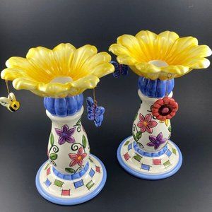 Set of 2 Ceramic Candle Stick Holders Sunflower with Bee Butterfly Flower Charms
